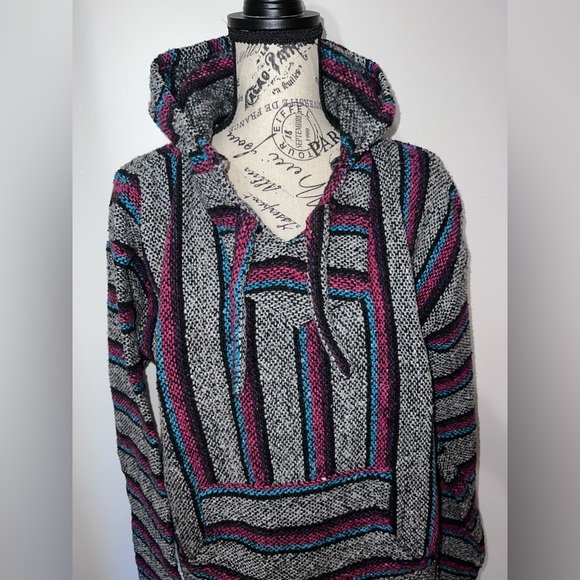 Öland Vintage XL Baja Hoodie Rug Knit Mexican Pullover Surf Boho - Picture 2 of 9